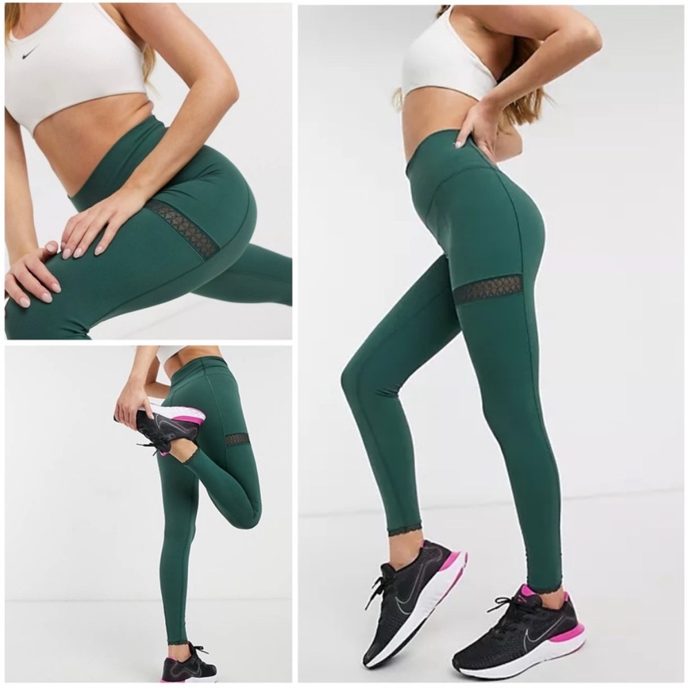 Nike Yoga Infinalon Lace Trimmed Dri-Fit Leggings Dark Emerald Green S